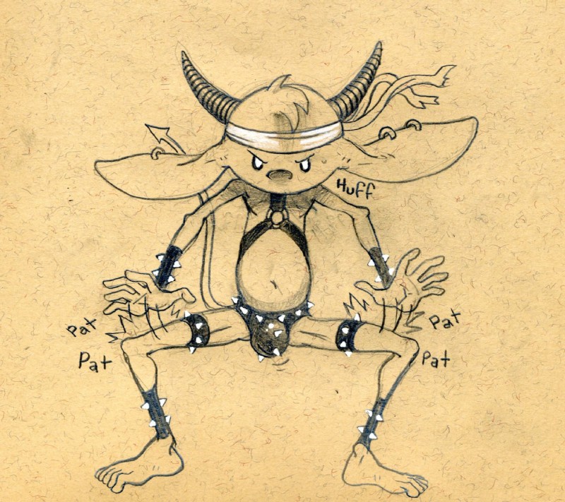 barefoot big_ears bracelet bulge clothing come_at_me_bro crouching feet fighting_pose frown harness jewelry kerchief looking_at_viewer male motion_lines not_furry pose solo sound_effects spade_tail spiked_bracelet spiked_thong spikes spread_legs spreading tail thong underwear tush_(artist) tush_(character) humanoid imp graphite_(artwork) hi_res monochrome traditional_media_(artwork)