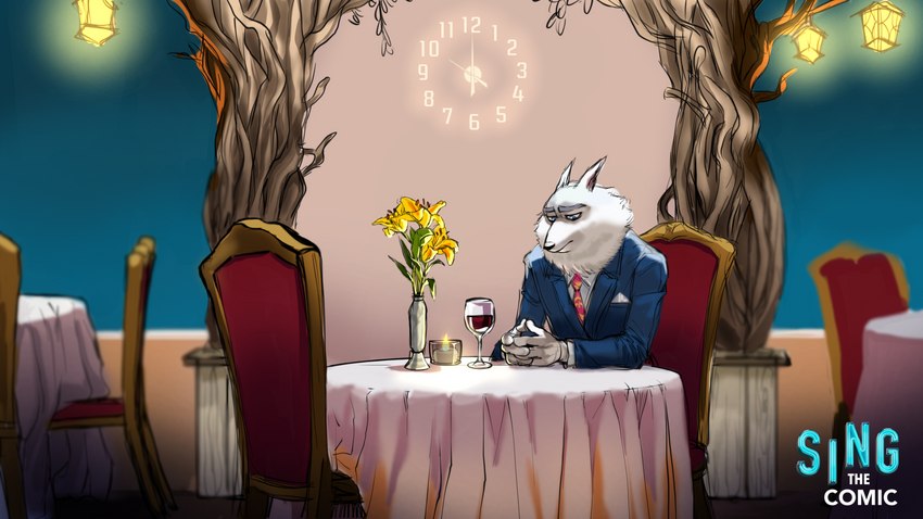 alcohol anthro beverage black_nose blue_clothing blue_eyes blue_suit candle candlelight chair clock clothing container cup dinner_date drinking_glass elbow_on_table flower flower_pot fluffy front_view fur furniture glass glass_container glass_cup hands_together head_down lamp light lonely looking_down male neck_tuft necktie plant red_necktie round_table sad shirt sitting solo suit tablecloth text topwear tree tree_trunk tuft waiting white_body white_clothing white_fur white_shirt white_tablecloth white_topwear wine wine_glass aka_inku illumination_entertainment sing_(movie) jimmy_crystal arctic_wolf canid canine canis mammal wolf 16:9 english_text hi_res widescreen