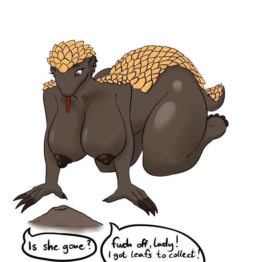 all_fours big_breasts breasts butt claws female nipples nude scales solo text thick_thighs tongue blackbetty mammal pangolin hi_res