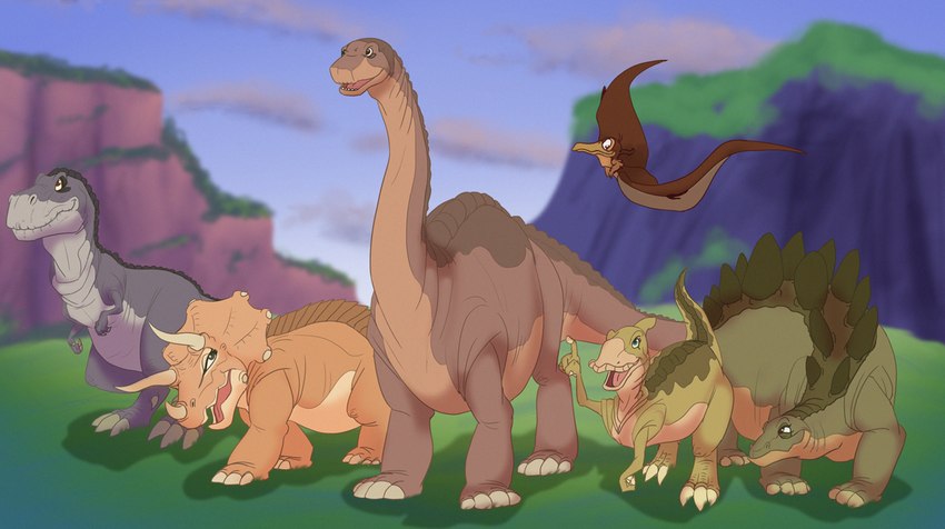 aged_up female feral flying frill_(anatomy) group male spikes spikes_(anatomy) dj_coulz don_bluth the_land_before_time cera_(the_land_before_time) chomper_(the_land_before_time) ducky_(the_land_before_time) littlefoot petrie spike_(the_land_before_time) apatosaurus ceratopsian dinosaur diplodocid hadrosaurid ornithischian ornithopod prehistoric_species pteranodon pteranodontid pterosaur reptile saurolophus sauropod sauropodomorph scalie stegosaurian stegosaurus theropod thyreophoran triceratops tyrannosaurid tyrannosauroid tyrannosaurus tyrannosaurus_rex