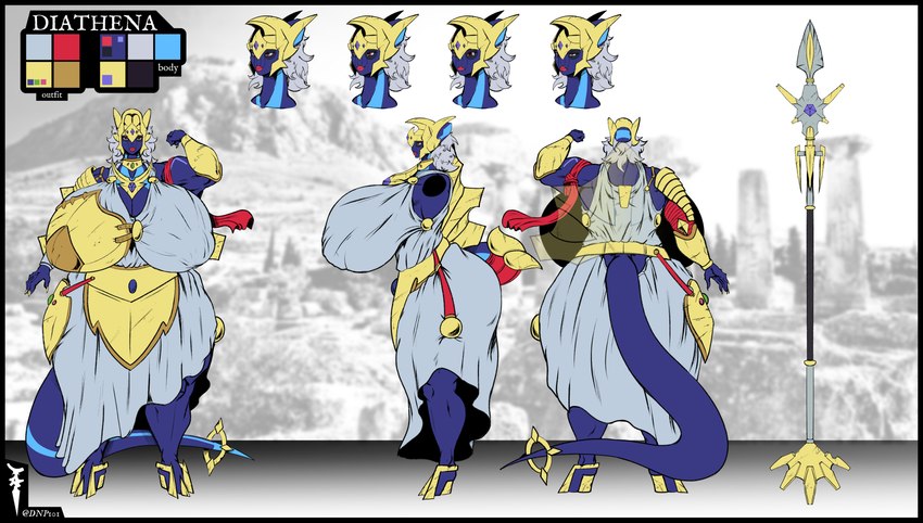 anthro big_breasts blue_body breasts clothing female huge_breasts hyper hyper_breasts muscular scar solo warrior weapon curiousgarchomp dnp101 nintendo pokemon dialga generation_4_pokemon legendary_pokemon pokemon_(species) hi_res model_sheet