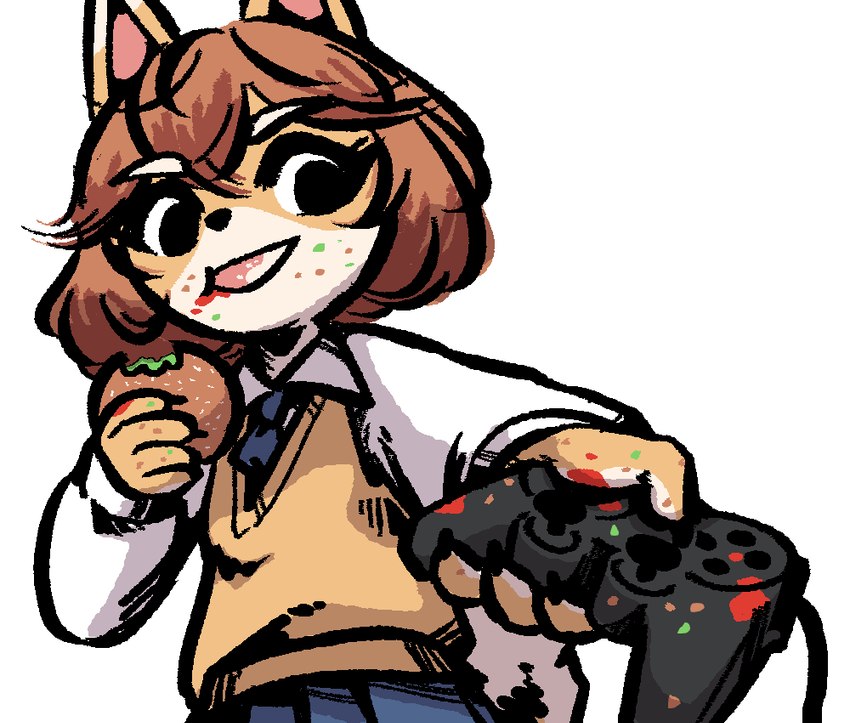 anthro burger clothed clothing controller eating eating_food female food food_in_mouth food_on_face game_controller holding_burger holding_food holding_object long_sleeve_shirt playstation_controller solo unknown_artist playstation sony_corporation sony_interactive_entertainment canid canine mammal