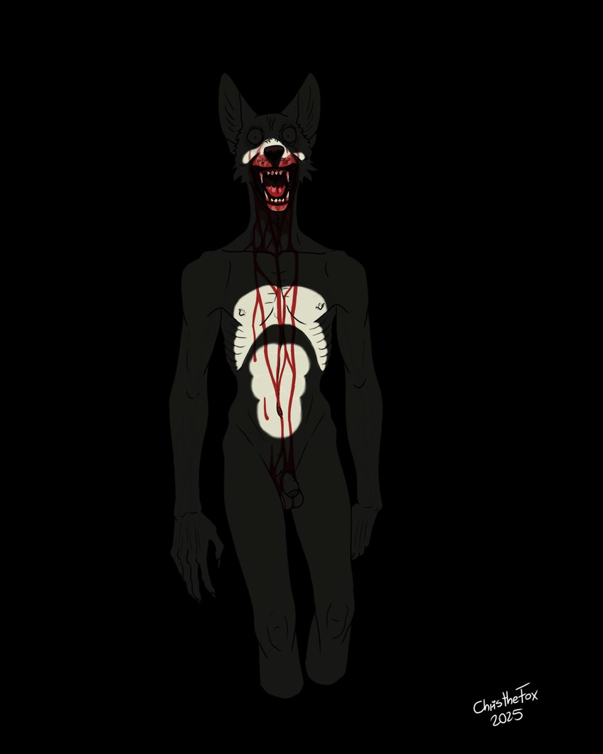 alternate_species anthro balls bared_teeth black_background blood blood_drip blood_drops blood_from_mouth blood_in_mouth blood_on_chest blood_on_face blood_on_penis blood_on_teeth blood_on_tongue bodily_fluids dripping ears_up furrification genitals looking_at_viewer male male_anthro malnourished open_mouth penis simple_background skinny solo teeth teeth_showing tongue white_body bartek22 scp_foundation scp-096 canid mammal 2025 absurd_res colored dated hi_res signature