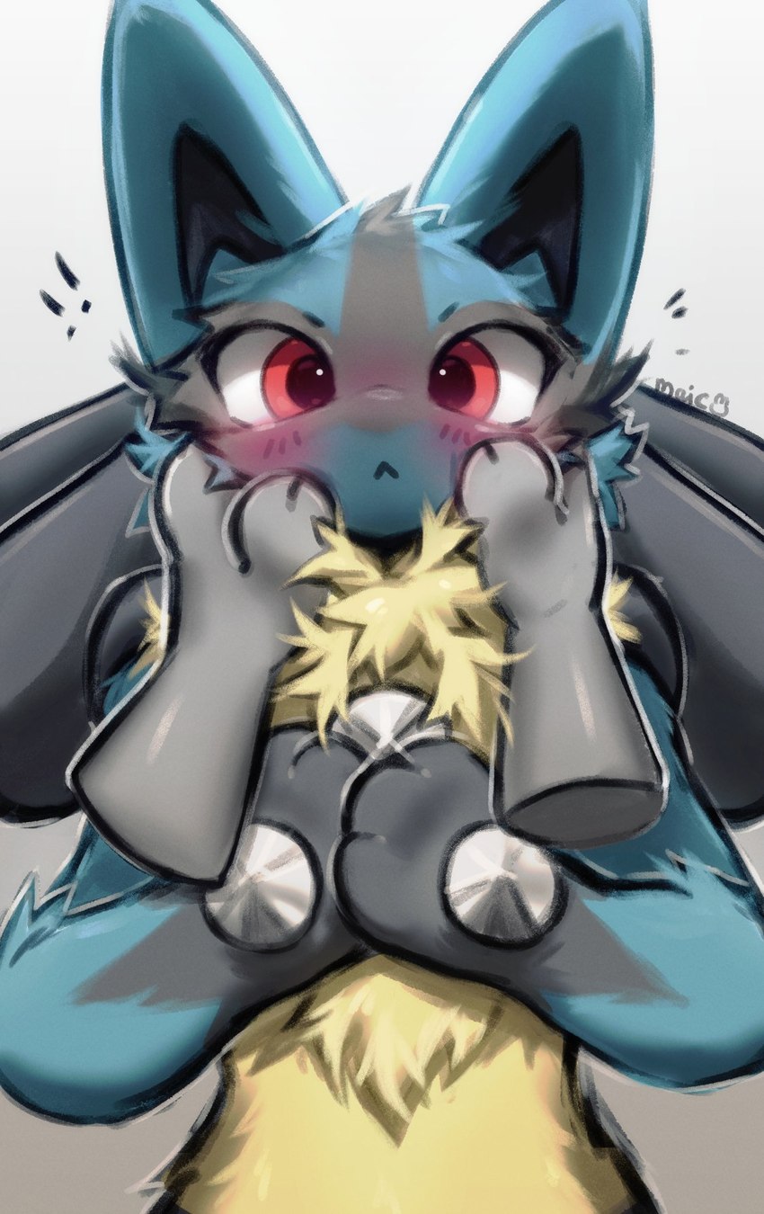 :< ambiguous_gender anthro blue_body blue_fur blush blush_lines caressing_face claws disembodied_hand duo exclamation_point fluffy fur grey_body grey_fur looking_at_viewer multicolored_body paws red_eyes simple_background spikes spikes_(anatomy) yellow_body yellow_fur maimoonrabbit nintendo pokemon ambiguous_species canid canine generation_4_pokemon lucario mammal pokemon_(species) 2024 hi_res signature