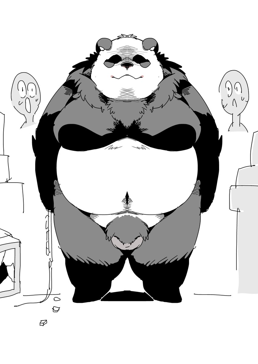 anthro balls belly big_belly black_body bodily_fluids genitals group kemono male moobs navel obese overweight overweight_male sweat white_body sigenoya takotyutyu bear giant_panda mammal 2021 absurd_res hi_res