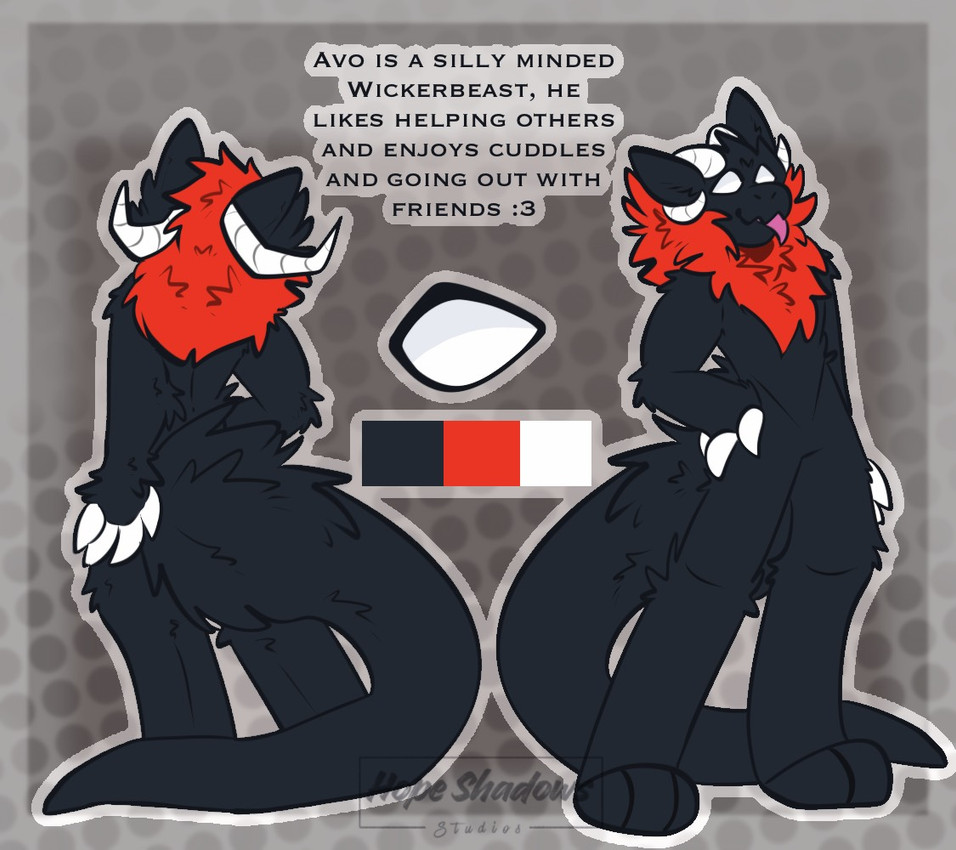 black_body black_fur black_tail blep claws fur horn long_tail male red_body red_fur solo standing tail text text_box tongue tongue_out white_eyes hope_shadows yin wickerbeast english_text model_sheet