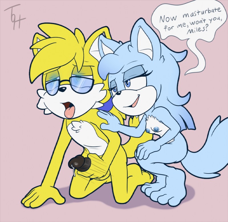 anthro areola balls blue_nipples bodily_fluids breasts command duo erect_nipples erection female genital_fluids genitals hypnosis male masturbation mind_control nipples nude penis precum simple_background text the_other_half sega sonic_the_hedgehog_(series) fan_character isabelle_(mileymouse) miles_yellow canid canine fox mammal 2016 digital_media_(artwork) english_text