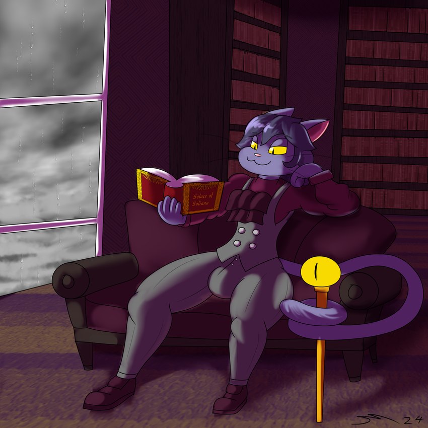 anthro book bookshelf cane clothing cloud cloudy_sky fur furniture hair library male overalls purple_body purple_fur purple_hair raining reading sky staff yellow_eyes dirtymac domestic_cat felid feline felis mammal 1:1 absurd_res hi_res