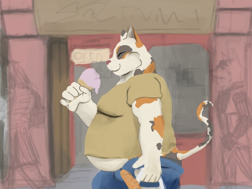 5_fingers anthro baguette belly big_belly black_clothing black_underwear blue_bottomwear blue_clothing blue_pants bottomwear bread clothing dessert detailed_background eyes_always_closed eyes_closed fingers food fur group holding_bag holding_food holding_ice_cream holding_ice_cream_cone holding_object holding_shopping_bag ice_cream ice_cream_cone male moobs muffin_top obese obese_anthro obese_male outside overweight overweight_anthro overweight_male pants shirt shopping_bag side_view smile solo_focus store t-shirt tail tan_clothing tan_shirt tan_t-shirt tan_topwear text topwear underwear walking wardrobe_malfunction white_body white_fur nobodyshouse background_character kotto_(nobodyshouse) calico_cat domestic_cat felid feline felis mammal 2019 digital_drawing_(artwork) digital_media_(artwork) english_text guide_lines hi_res sketch