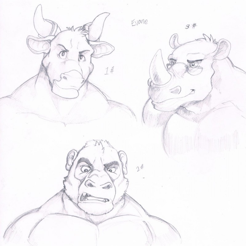 anthro eyebrows eyewear glasses group head_tuft horn horn_jewelry horn_ring jewelry kemono looking_at_viewer male open_mouth raised_eyebrow ring_(jewelry) simple_background smile snout teeth tuft white_background monchi evane buck_(evane) dax_(evane) eddie_(evane) ape bovid bovine cattle gorilla haplorhine mammal primate rhinoceros 1:1 2014 black_and_white graphite_(artwork) hi_res monochrome sketch sketch_page traditional_media_(artwork)