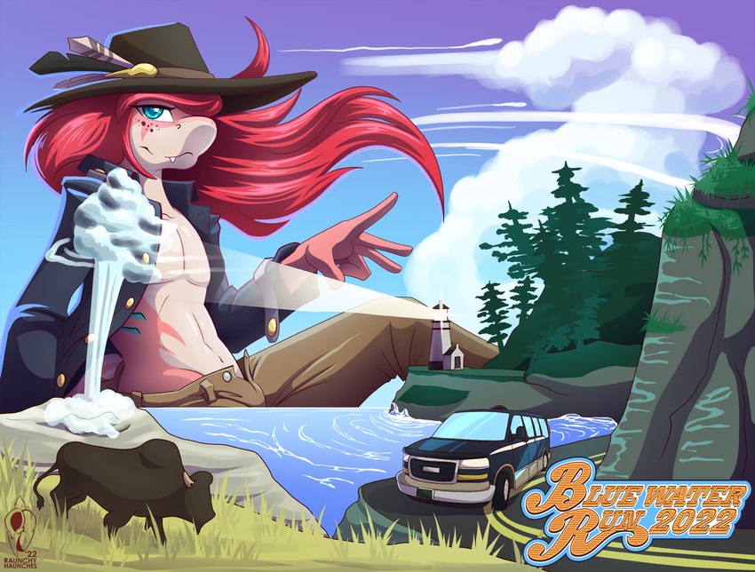 anthro bare_chest bottomwear capris cliff clothed clothing cloud cowboy_hat feathers feral freckles geyser gills grass green_eyes hair hat headgear headwear jacket lighthouse long_hair looking_at_viewer male medium_truck open_clothing open_jacket open_topwear outside pants pink_body pink_skin plant red_hair road_trip scenery sea sitting topwear tree truck_(vehicle) van vehicle water raunchyhaunches charlie_peaches_(raunchyhaunches) american_bison bison bovid bovine fish mackerel_shark mammal marine shark thresher_shark digital_media_(artwork) hi_res shaded