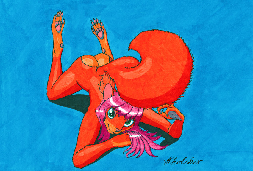 all_fours anthro ass_up butt countershade_butt countershading feet female green_eyes hair long_hair looking_at_viewer nude pawpads pink_hair red_body simple_background soles solo konstantin_kholchev mammal rodent sciurid hi_res marker_(artwork) traditional_media_(artwork)