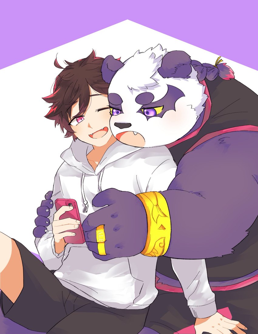 anthro blush cellphone clothing duo electronics hay hug hugging_another hugging_from_behind male male/male overweight phone shirt smartphone tank_top topwear bone_color919 lifewonders tokyo_afterschool_summoners alp_(tas) protagonist_(tas) twink_protagonist_(tas) bear giant_panda human mammal hi_res