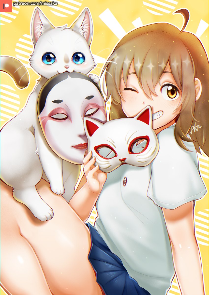 blue_eyes bottomwear brown_hair clothed clothing duo eyebrows female feral fingers fur hair mask one_eye_closed skirt smile tail whiskers white_body white_fur young young_female young_human missaka a_whisker_away miyo_sasaki domestic_cat felid feline felis human mammal 2020 hi_res