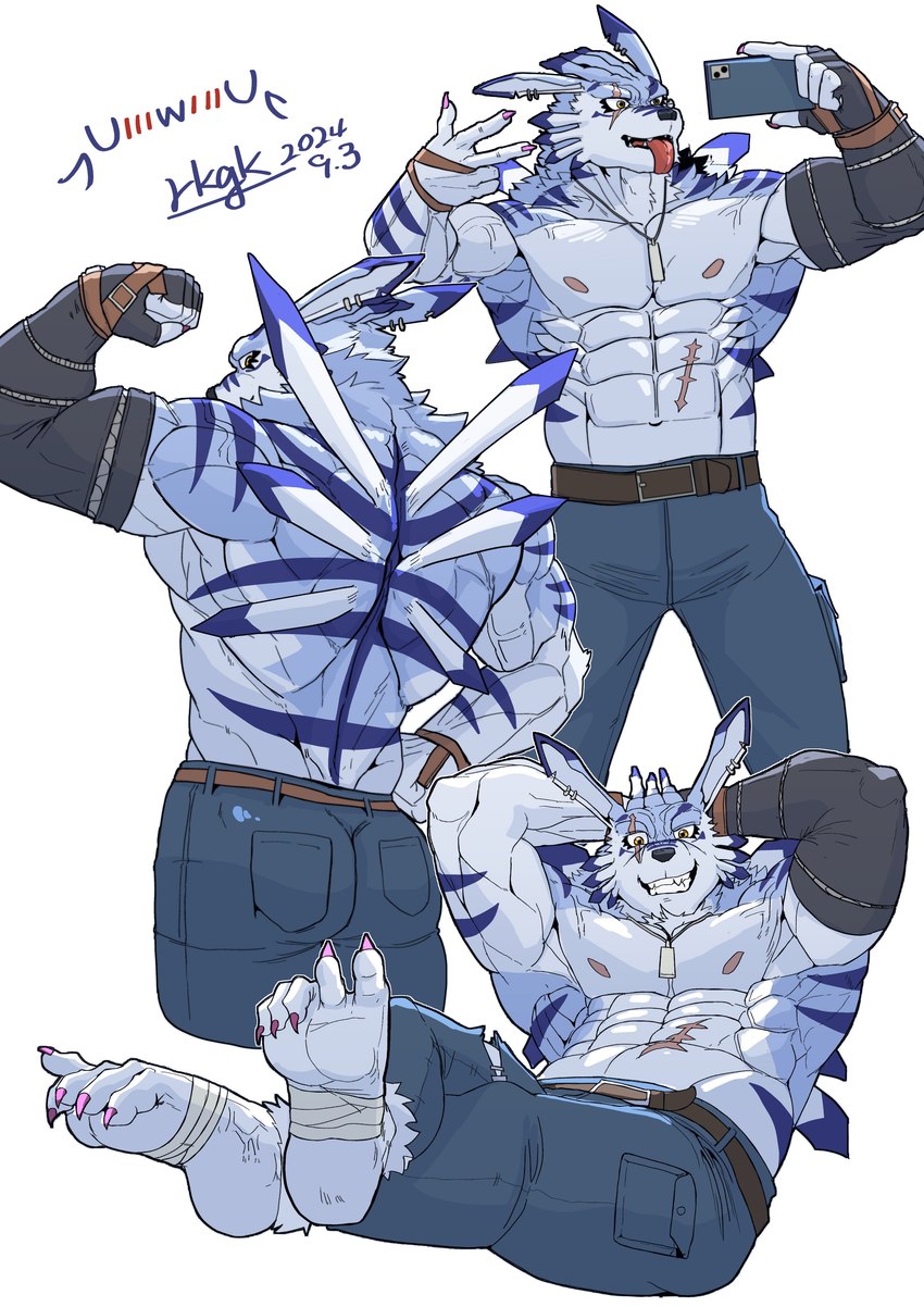 abs anthro back_muscles bottomwear clothing electronics feet male muscular muscular_anthro muscular_male obliques pants pecs phone pose posing_for_picture rear_view selfie shirtless asiahao520 bandai_namco digimon digimon_(species) weregarurumon absurd_res hi_res