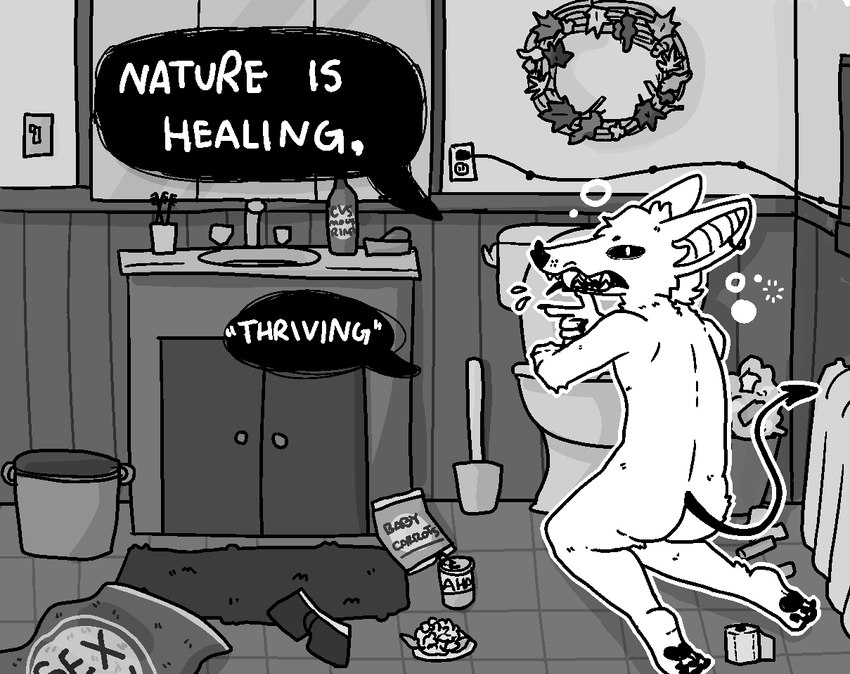 anthro bathroom bathroom_sink bubble butt cheek_tuft dialogue dialogue_box drunk drunk_bubble ear_piercing ear_ring facial_tuft fangs half-closed_eyes humor hungover ill kneeling male narrowed_eyes nude open_mouth pawpads paws penetration piercing ring_piercing sharp_teeth solo spade_tail speech_bubble substance_intoxication tail teeth text toilet tuft underwear_on_floor sinsquest sins_(sinsquest) bat mammal english_text greyscale monochrome trans_(lore) trans_man_(lore)