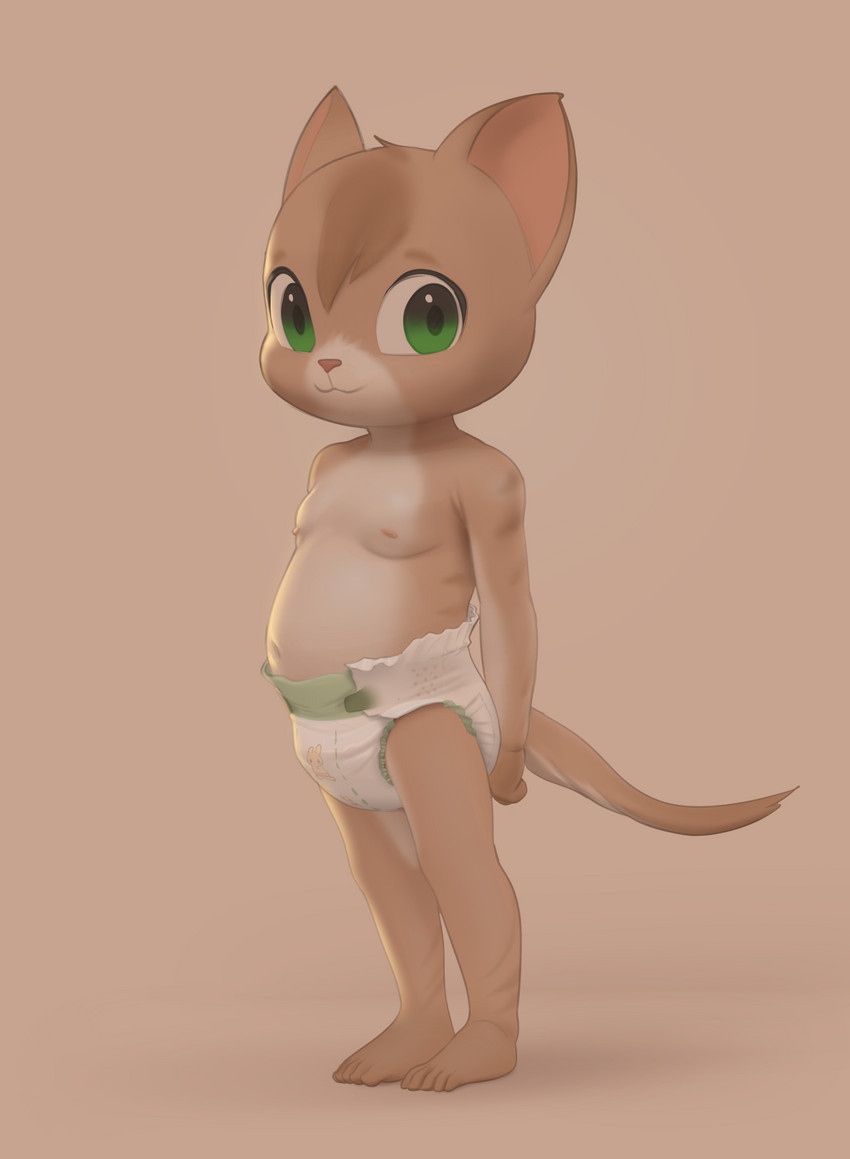 ambiguous_gender anthro baby clean_diaper clothing diaper feet hands_behind_back looking_at_viewer navel nipples slightly_chubby smile solo standing toddler young young_anthro felyn domestic_cat felid feline felis mammal hi_res