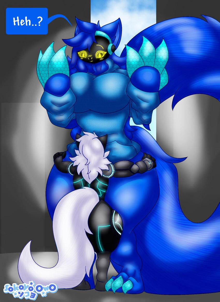 3_toes 4_ears 4_fingers anthro big_breasts big_feet blue_body blue_fur blue_hair blush blush_lines breasts claws cybernetics duo faceless_character faceless_male feet female fingers for_sale fur hair hug long_tail looking_at_another looking_down machine male male/female multi_ear protogen_visor raised_tail size_difference surprise surprised_expression tail thick_thighs toes white_body white_fur yellow_eyes sokoyo_owo starry_(sokoyo_owo) canid canine cyborg mammal protogen hi_res