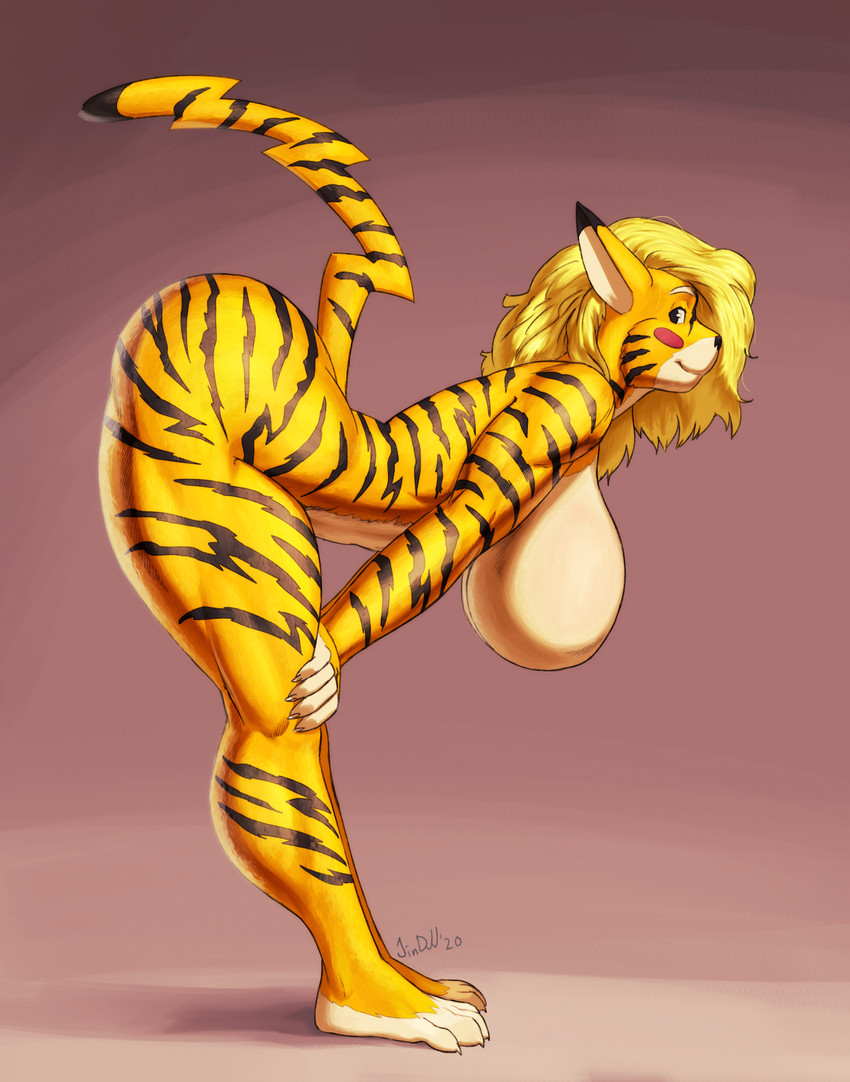 anthro arms_together bent_over bent_over_with_legs_held_straight big_breasts big_butt black_stripes blonde_hair breasts butt curvy_figure extended_arms feet_together female hair hands_on_knees hands_on_legs hands_on_own_knees hands_on_own_legs hanging_breasts holding_both_knees holding_both_legs huge_breasts huge_butt knock-kneed leaning_on_self long_hair muscular muscular_anthro muscular_female nude seductive side_view simple_background smile solo straight_legs stripes thick_thighs wrists_together jindragowolf nintendo pokemon taiga_(jindragowolf) felid generation_1_pokemon hybrid mammal pantherine pikachu pokemon_(species) tiger 2020 digital_media_(artwork) full-length_portrait hi_res portrait