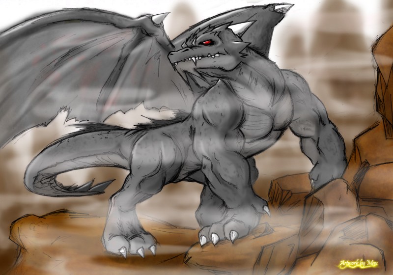 all_fours claws fangs feral grey_body grey_scales horn male membrane_(anatomy) membranous_wings muscular muscular_feral muscular_male nude red_eyes scales solo tail teeth wings timberwolfmax european_mythology mythology dragon mythological_creature mythological_scalie scalie western_dragon