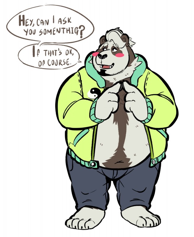 anthro belly black_body black_fur black_nose blush bottomwear clothing fur humanoid_hands male navel overweight overweight_anthro overweight_male pants simple_background solo text white_background white_body white_fur spazz_bear bear giant_panda mammal 2019 absurd_res english_text hi_res