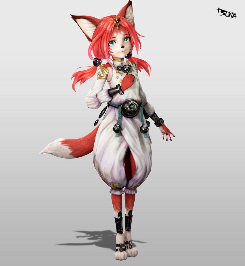 anthro armor blue_eyes bracers buckle clothing crown dipstick_tail female fur hair headgear leg_markings looking_at_viewer markings red_body red_fur red_hair shadow short_hair simple_background solo tail tail_markings tiara tied_hair twintails_(hairstyle) white_clothing otsunao koei_tecmo warriors_(game_series) warriors_all-stars tamaki_(warriors) canid canine fox mammal 3d_(artwork) digital_media_(artwork) hi_res