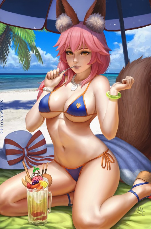 beach bikini breasts brown_hair cleavage clothed clothing detailed_navel female hair looking_at_viewer navel pink_hair seaside solo swimwear two-piece_swimsuit sciamano240 fate_(series) type-moon caster_tamamo-no-mae animal_humanoid canid canid_humanoid canine canine_humanoid fox_humanoid humanoid mammal mammal_humanoid hi_res