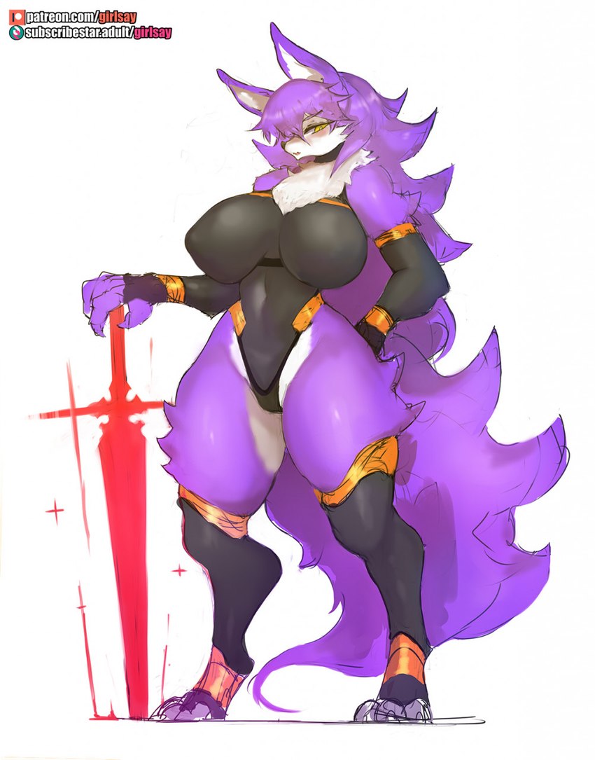 anthro big_breasts black_clothing breasts camel_toe clothed clothing energy_sword erect_nipples female fingerless_gloves fur gloves handwear legwear melee_weapon nipple_outline nipples purple_body purple_fur skimpy solo standing sword thick_thighs thigh_highs thong underwear weapon white_body wide_hips yellow_eyes girlsay rae_(girlsay) canid canine canis mammal wolf 2022 hi_res