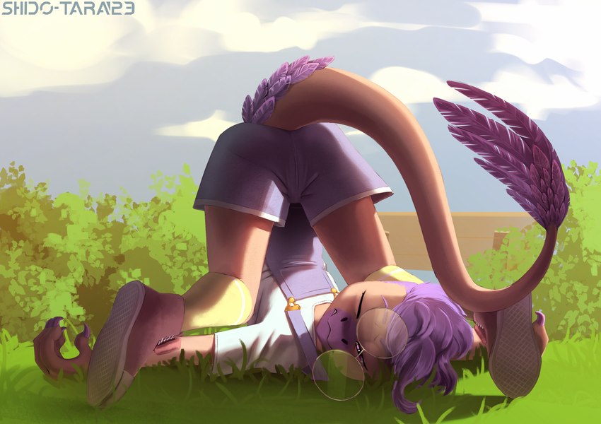 anthro clothing eyewear flexible glasses glasses_on_floor grass hair lying lying_on_ground male multicolored_body on_back on_ground plant purple_eyes purple_hair solo tail conditional_dnp shido-tara goodbye_volcano_high sage_(gvh) dinosaur dromaeosaurid microraptor prehistoric_species reptile scalie theropod hi_res trans_(lore) trans_man_(lore)