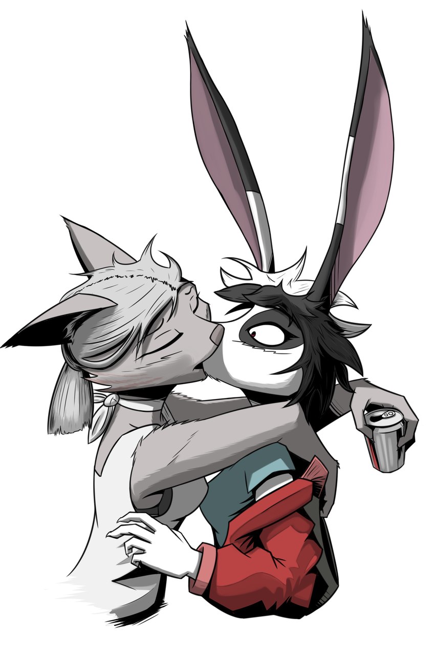 anthro beverage_can big_ears black_hair blue_clothing blue_shirt blue_topwear clothed clothed_anthro clothed_female clothing duo eyes_closed female female/female fur grey_body grey_fur grey_hair hair hug jacket kissing long_ears neckband neckwear red_clothing red_jacket red_topwear shirt side_view simple_background surprised_expression topwear white_background white_blouse white_body white_fur gatonejo domestic_cat felid feline felis lagomorph leporid mammal rabbit 2:3 absurd_res digital_drawing_(artwork) digital_media_(artwork) hi_res restricted_palette shaded simple_shading