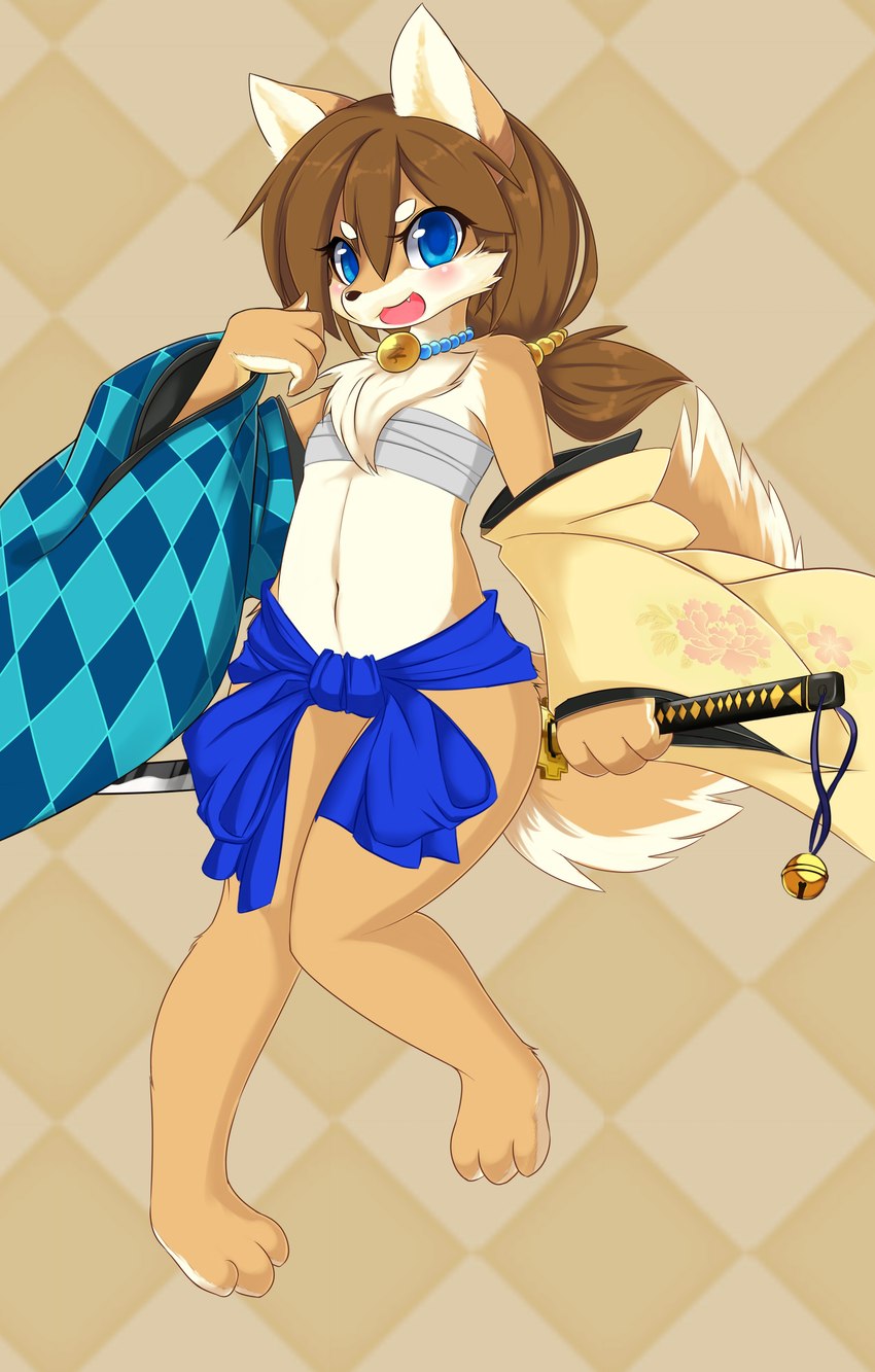 3_toes 4_fingers anthro bandage blue_eyes brown_hair chest_tuft chest_wraps clothed clothing cute_fangs fangs feet female fingers fur hair holding_melee_weapon holding_object holding_sword holding_weapon jewelry katana kemono long_hair melee_weapon navel necklace open_mouth orange_body orange_fur ponytail samurai simple_background solo sword teeth toes tuft warrior weapon wraps silver723 cyberconnect2 drecom full_bokko_heroes shino_inuzuka_(full_bokko_heroes) canid canine fox mammal 2015 absurd_res hi_res