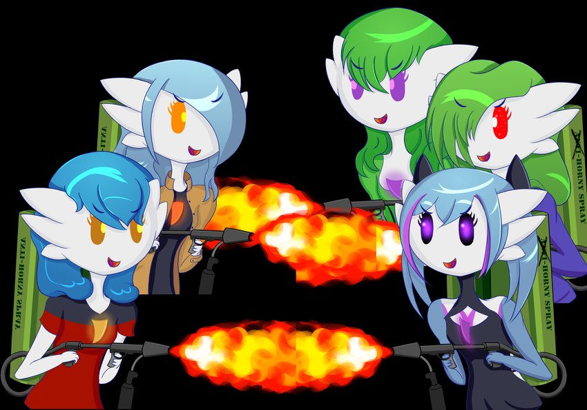 bangs black_sclera blue_hair clothing coat empty_eyes female fire flamethrower fuel_tank green_hair group hair hair_over_eye highlights_(coloring) holding_object holding_weapon humor long_hair medium_hair not_furry one_eye_obstructed orange_eyes purple_eyes ranged_weapon red_eyes short_hair smile topwear trenchcoat weapon divifilly nintendo pokemon ailin_gardevoir alyx_(cobra0281) lucinda_(baterco) ruby_(ghostth39) gardevoir generation_3_pokemon humanoid pokemon_(species) shiny_pokemon 2021 hi_res