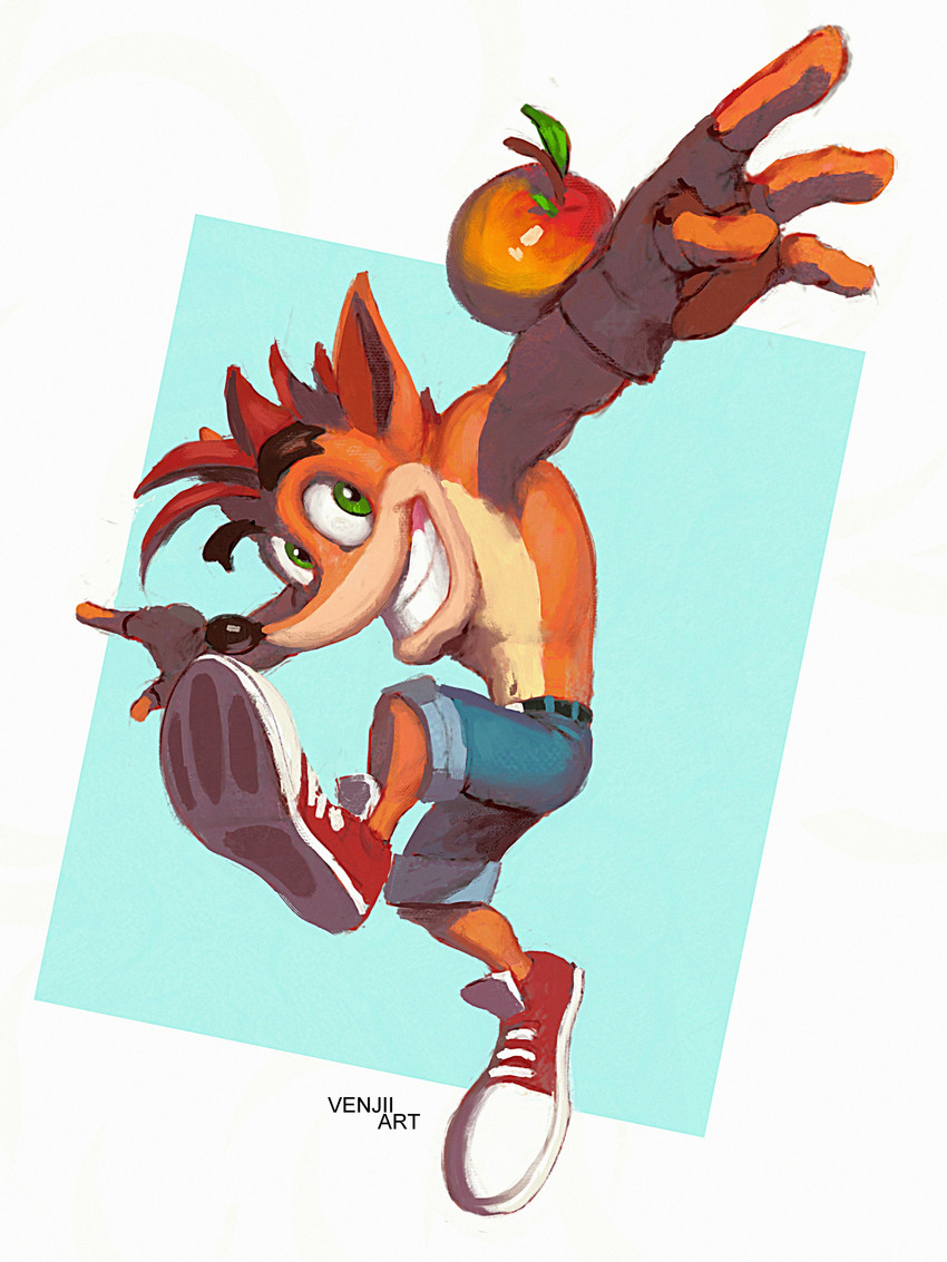 4_fingers anthro belt black_nose bottomwear brown_body clothed clothing fingerless_gloves fingers food footwear fruit gloves green_eyes hair handwear male pants plant shoes shorts simple_background smile solo tailless tan_body teeth toothy_grin topless venjiiart activision crash_bandicoot_(series) crash_bandicoot bandicoot mammal marsupial 3:4 absurd_res digital_media_(artwork) hi_res