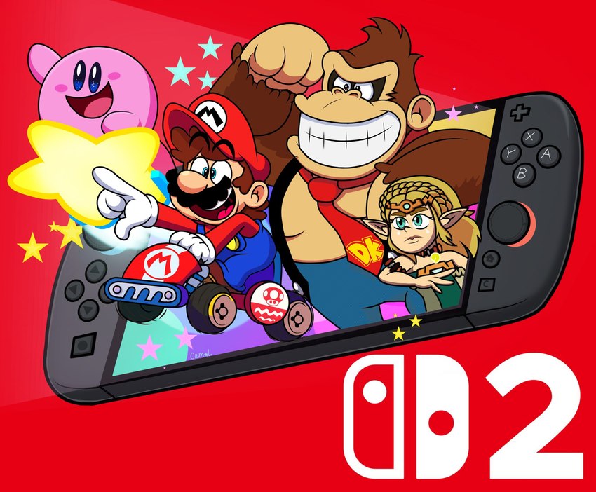 4_fingers anthro blue_eyes brown_body brown_fur clothing controller electronics facial_hair female fingers fur game_console game_controller gesture gloves group hand_gesture handwear hat headgear headwear joycon_controller kart male mustache nintendo_console nintendo_controller open_mouth open_smile overalls pink_body pointing red_background red_clothing red_hat red_headwear simple_background smile star tan_body tan_fur text toony vehicle white_clothing white_gloves white_handwear cam_the_man donkey_kong_(series) donkey_kong_bananza kirby_(series) kirby_air_riders mario_bros mario_kart_world nintendo nintendo_direct nintendo_switch nintendo_switch_2 tears_of_the_kingdom the_legend_of_zelda donkey_kong_(character) kirby mario princess_zelda ape gorilla haplorhine human hylian mammal primate waddling_head 2025 digital_drawing_(artwork) digital_media_(artwork) english_text hi_res signature