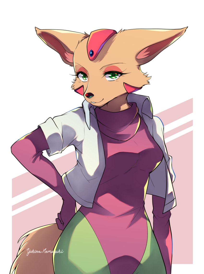 anthro big_breasts breasts clothed clothing female fingers fluffy fluffy_tail fully_clothed fur green_eyes hand_on_hip kemono narrowed_eyes orange_body orange_fur simple_background smile solo tail tuft namagakiokami nintendo star_fox fara_phoenix canid canine fox mammal 2021 hi_res