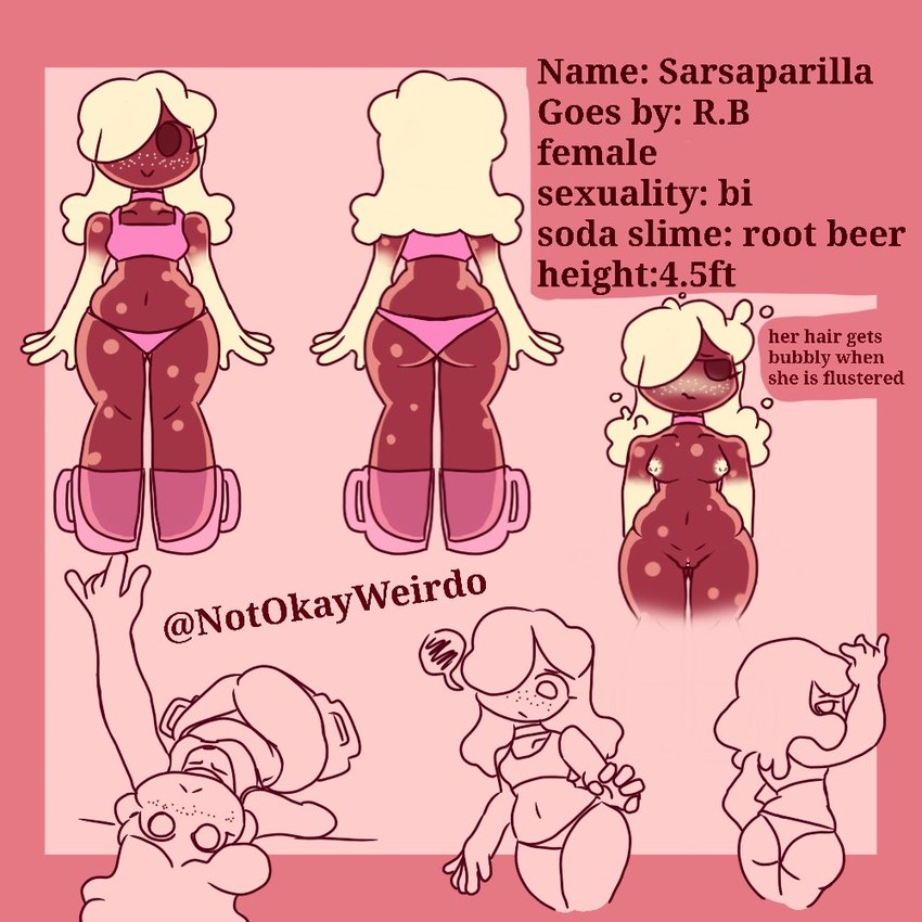 beverage container cup female food male mug root_beer rootbeer soda solo stated_bisexuality stated_sexuality text the_soda_bug sarsaparilla_(sodabug) food_creature goo_creature humanoid hybrid 1:1 english_text model_sheet