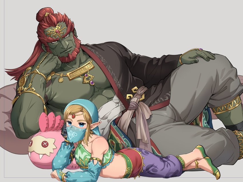 abs blonde_hair brown_body brown_skin clothed clothing crossdressing duo femboy footwear gerudo_outfit hair humanoid_pointy_ears jewelry light_body light_skin long_hair looking_at_viewer male muscular muscular_male not_furry pillow plushie red_hair veil foxvulpine breath_of_the_wild nintendo tears_of_the_kingdom the_legend_of_zelda ganondorf link elf gerudo humanoid hylian