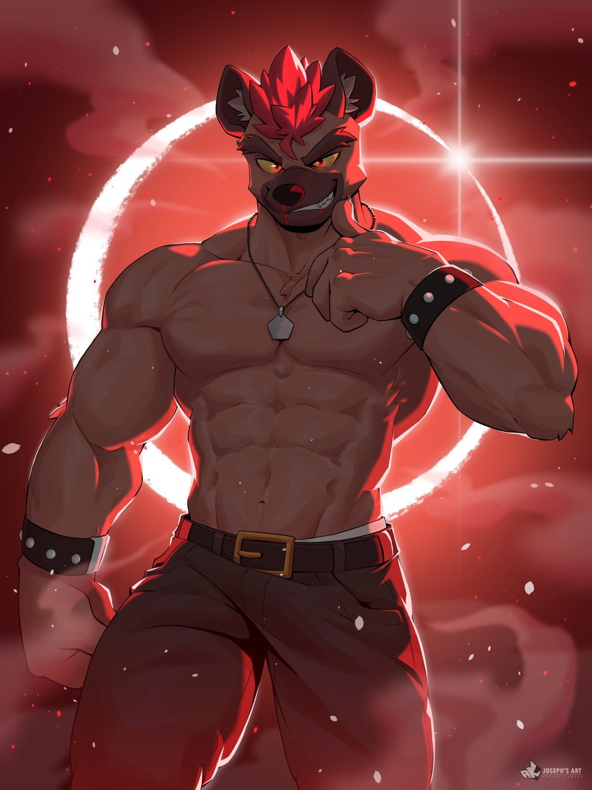 abs anthro belt belt_buckle blood blood_moon bodily_fluids brown_body brown_fur buckle clenched_teeth clothing eclipse fur gold_belt_buckle golden_belt_buckle grin hair inner_ear_fluff jewelry legwear male mohawk muscular muscular_anthro muscular_male necklace nosebleed red_eyes red_hair shirtless smile solo teeth tuft underwear white_clothing white_underwear wristband yellow_sclera anjing_kampuss pent_(anjing) hyena mammal hi_res