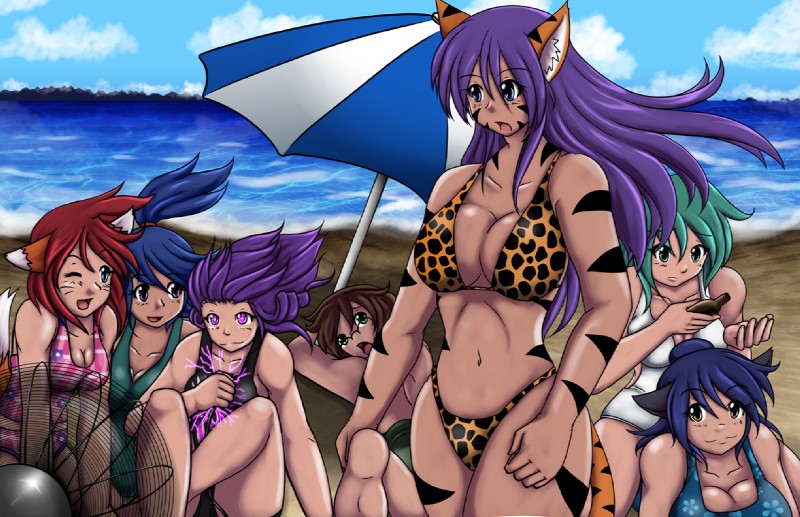 beach big_breasts bikini black_stripes blue_eyes blue_hair breasts brown_eyes brown_hair cat_tail clothed clothing cloud detailed_background facial_markings female fur green_eyes green_hair group hair head_markings huge_breasts long_hair markings outside philip_brown purple_eyes purple_hair red_hair sand seaside sky stripes swimwear two-piece_swimsuit water sageofotherworlds yosh!_comics blue_(yosh) emi_(yosh) kate_summers miyo_(yosh) nami_(yosh) rieko_(yosh) toyoko animal_humanoid canid canid_humanoid canine canine_humanoid cat_humanoid domestic_cat felid felid_humanoid feline feline_humanoid felis fox fox_humanoid human humanoid mammal mammal_humanoid