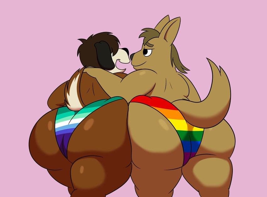 anthro bent_over big_butt black_ears black_nose blue_clothing blue_thong blue_underwear brown_body brown_ears brown_fur brown_hair brown_nose brown_tail butt clothing duo fur green_clothing green_thong green_underwear hair hair_over_eyes hand_on_shoulder happy huge_butt lgbt_pride looking_at_another male male/male multicolored_clothing multicolored_thong multicolored_underwear orange_clothing orange_thong orange_underwear pride_color_clothing pride_color_thong pride_color_underwear pride_colors purple_clothing purple_thong purple_underwear rainbow_pride_colors rear_view red_clothing red_thong red_underwear six-stripe_rainbow_pride_colors smile tail thick_thighs thong two_tone_tail underwear vincian_pride_colors white_clothing white_tail white_thong white_underwear yellow_clothing yellow_thong yellow_underwear colossalstars lgbt_pride_month canid canine canis domestic_dog macropod mammal marsupial molosser mountain_dog saint_bernard wallaby 2024 absurd_res digital_media_(artwork) hi_res