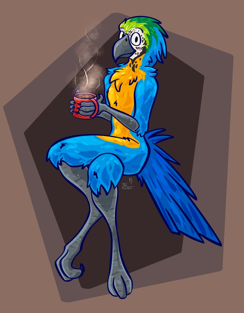 anthro avian_arms avian_legs beak bent_legs beverage candy chocolate container crossed_legs cup curling_toes dessert digitigrade eyebrows feather_tuft feathers feet floating food green_markings holding_container holding_cup holding_mug holding_object hot_chocolate looking_at_viewer male markings mug nude nude_anthro nude_male raised_eyebrow red_mug simple_background sitting smile smiling_at_viewer solo steam steaming_mug tail tail_feathers talons toes tuft wingless_avian the_foxitect ara_(genus) avian bird blue-and-yellow_macaw macaw neotropical_parrot parrot true_parrot absurd_res digital_drawing_(artwork) digital_media_(artwork) full-length_portrait hi_res portrait