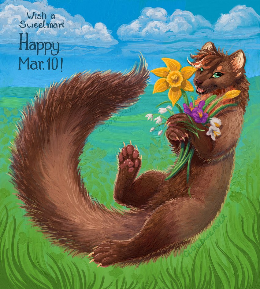 5_toes ambiguous_gender brown_body brown_fur claws cloud countershading crocus_(flower) daffodil_(flower) day detailed_background eyebrows_(marking) featureless_crotch feet feral field flower fluffy fluffy_tail fur gloves_(marking) grass grass_field green_eyes grin grinning_at_viewer happy head_tuft henry's_pocket holding_flower holding_object horizontal_pupils inner_ear_fluff leg_markings looking_at_viewer lying markings meadow multicolored_body multicolored_fur on_back orange_body orange_fur outside pawpads pink_pawpads plant plantar_glands pupils reverse_countershading scent_glands sky smile snowdrop_(flower) socks_(marking) solo spring_(season) square_pupils tail tan_claws teeth text three-quarter_view toes tuft two_tone_body two_tone_fur whisker_spots whiskers yellow_sclera cloudweaver_(artist) ardere american_marten gulonine mammal marten mustelid musteline 2025 adversarial_noise digital_media_(artwork) digital_painting_(artwork) english_text full-length_portrait hi_res icon painting_(artwork) portrait signature female_(lore)