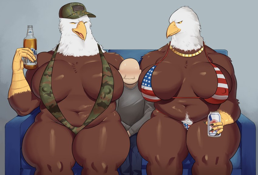 4_fingers alcohol ambiguous_gender american_flag american_flag_bikini anthro beak beer beer_bottle belly between_breasts beverage beverage_can big_breasts bikini biped black_claws black_eyes blush bodily_fluids bottle bottomwear bra breasts brown_body brown_feathers camo camo_bra camo_clothing camo_hat camo_headgear camo_headwear camo_print camo_topwear camo_underwear claws cleavage clothed clothing container curvy_figure deep_navel eyes_closed faceless_character faceless_human feathers female finger_claws fingers flag flag_bikini flag_clothing flag_print flag_swimwear front_view fully_clothed furniture group hat headgear headwear holding_beverage holding_object huge_breasts huge_thighs inside jewelry larger_anthro larger_female male micro_bikini multicolored_body multicolored_feathers navel necklace nipple_outline one-piece_swimsuit open_beak open_mouth open_smile pattern_bra pattern_clothing pattern_hat pattern_headgear pattern_headwear pattern_topwear pattern_underwear pink_tongue print_bikini print_clothing print_swimwear pubes pubic_feathers sandwiched scuted_arms scutes sitting size_difference skimpy slightly_chubby sling_bikini smaller_ambiguous smaller_human smile smirk sofa sweat sweatdrop swimwear thick_thighs tongue topwear trio two-piece_swimsuit two_tone_body two_tone_feathers underwear united_states_of_america voluptuous white_body white_feathers wide_hips yellow_beak yellow_sclera goldcrustedchicken coors red_bull american_eagle accipitrid accipitriform avian bald_eagle bird eagle human mammal sea_eagle 2021 absurd_res digital_media_(artwork) hi_res shaded