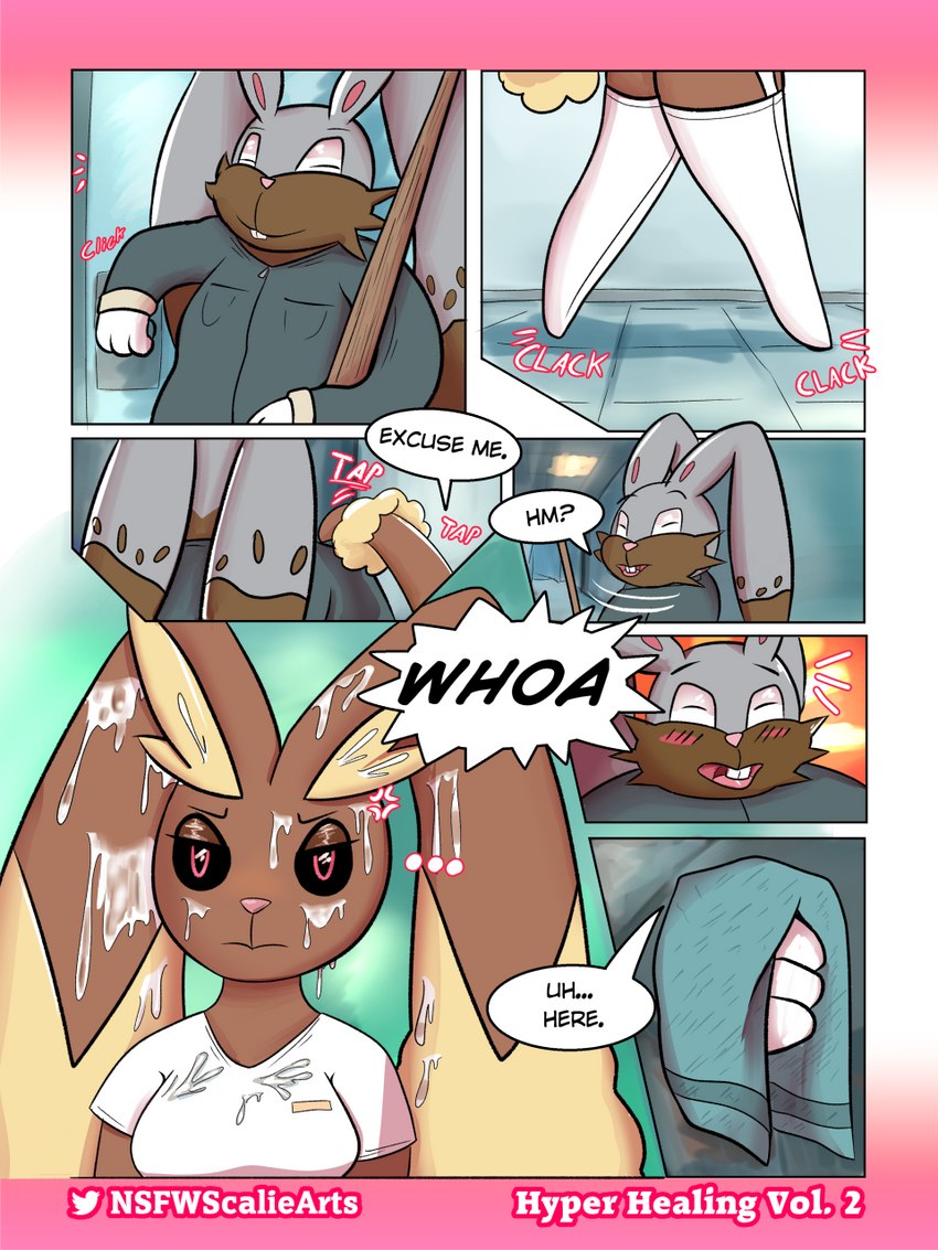 anthro blush bodily_fluids breasts cleaning_tool clothed clothing cum cum_covered dialogue duo female fur genital_fluids janitor leggings legwear male messy nurse simple_background smile teeth goopyarts nintendo pokemon diggersby generation_4_pokemon generation_6_pokemon lagomorph lopunny mammal pokemon_(species) 3:4 comic digital_media_(artwork) hi_res