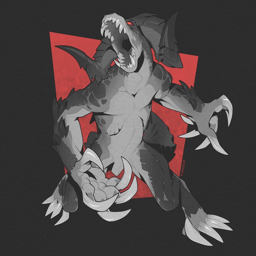 4_toes 5_fingers abstract_background ambiguous_gender anthro biped claws feet fingers front_view horn long_claws nude open_mouth red_eyes sharp_teeth solo standing tail teeth toe_claws toes kyander fallout microsoft deathclaw scalie 1:1 2023 digital_media_(artwork)