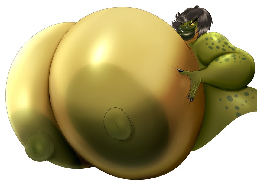 anthro areola big_areola big_breasts black_hair breasts female green_body green_nipples hair hand_on_breast huge_breasts huge_lips hyper hyper_breasts lips nipples non-mammal_nipples orange_eyes presenting presenting_breasts solo thick_lips mrmadhead gustine_(vdisco) crocodile crocodilian reptile scalie hi_res