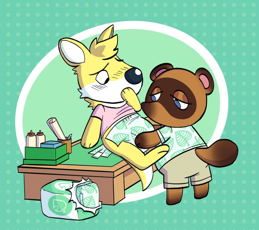 anthro blue_eyes blush blush_lines bottomwear brown_body brown_fur clean_diaper clothed clothing diaper diaper_package duo embarrassed folded_diaper fur furniture green_background hand_on_mouth helping male nervous pants putting_on_diaper shirt simple_background standing table topwear wearing_diaper white_body white_fur yellow_body yellow_fur slusheep animal_crossing nintendo tom_nook_(animal_crossing) canid canine kangaroo macropod mammal marsupial raccoon_dog tanuki 2020