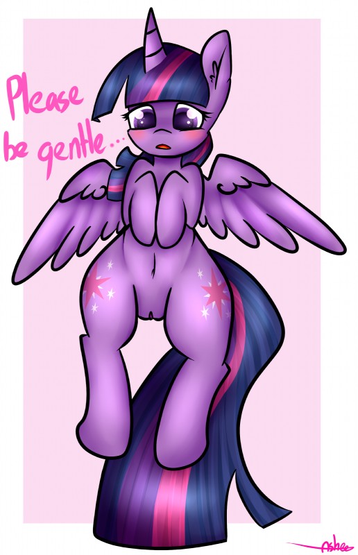 anthro blush feathered_wings feathers female feral fur genitals hair horn looking_at_viewer multicolored_hair purple_body purple_eyes purple_feathers purple_fur pussy semi-anthro solo text wings ashee friendship_is_magic hasbro my_little_pony mythology twilight_sparkle_(mlp) equid equine horse mammal mythological_creature mythological_equine pony winged_unicorn 2016 absurd_res english_text hi_res