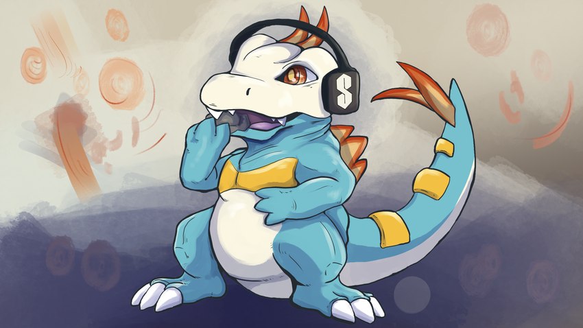 blue_body electronics headphones male markings orange_eyes rock white_body yellow_markings rdy zgf_art lost_in_chaos_scar nintendo pokemon zgf_gaming chomper_(lost_in_chaos) fan_character fuecoco generation_2_pokemon generation_9_pokemon hybrid pokemon_(species) totodile 16:9 2024 4k absurd_res hi_res widescreen