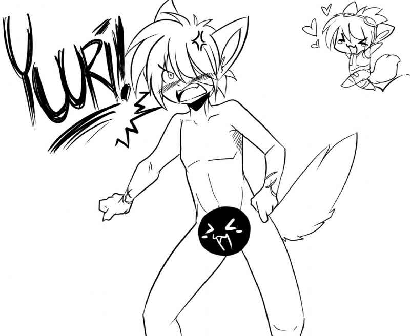 >_< >o< >w< angry anthro bent_arm bent_legs censored_by_face chibi creative_censorship cross-popping_vein d:< duo emoji extended_arm eyes_closed hair hair_over_eye hand_on_hip hand_on_own_hip heart_reaction heart_symbol male nude one_eye_obstructed open_:3 open_mouth raised_arms raised_hand simple_background spread_arms spread_knees symbol tail touching_hip touching_own_hip white_background cyn. quaezal yuuri_(character) canid canine mammal black_and_white censored digital_media_(artwork) monochrome